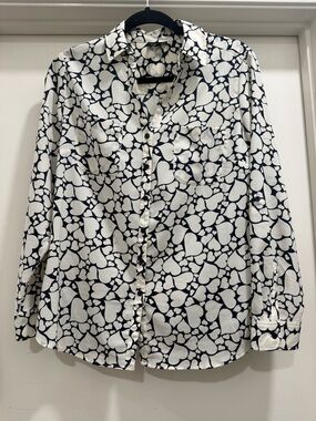 Talbots Black and White Heart-Print Button Front Blouse